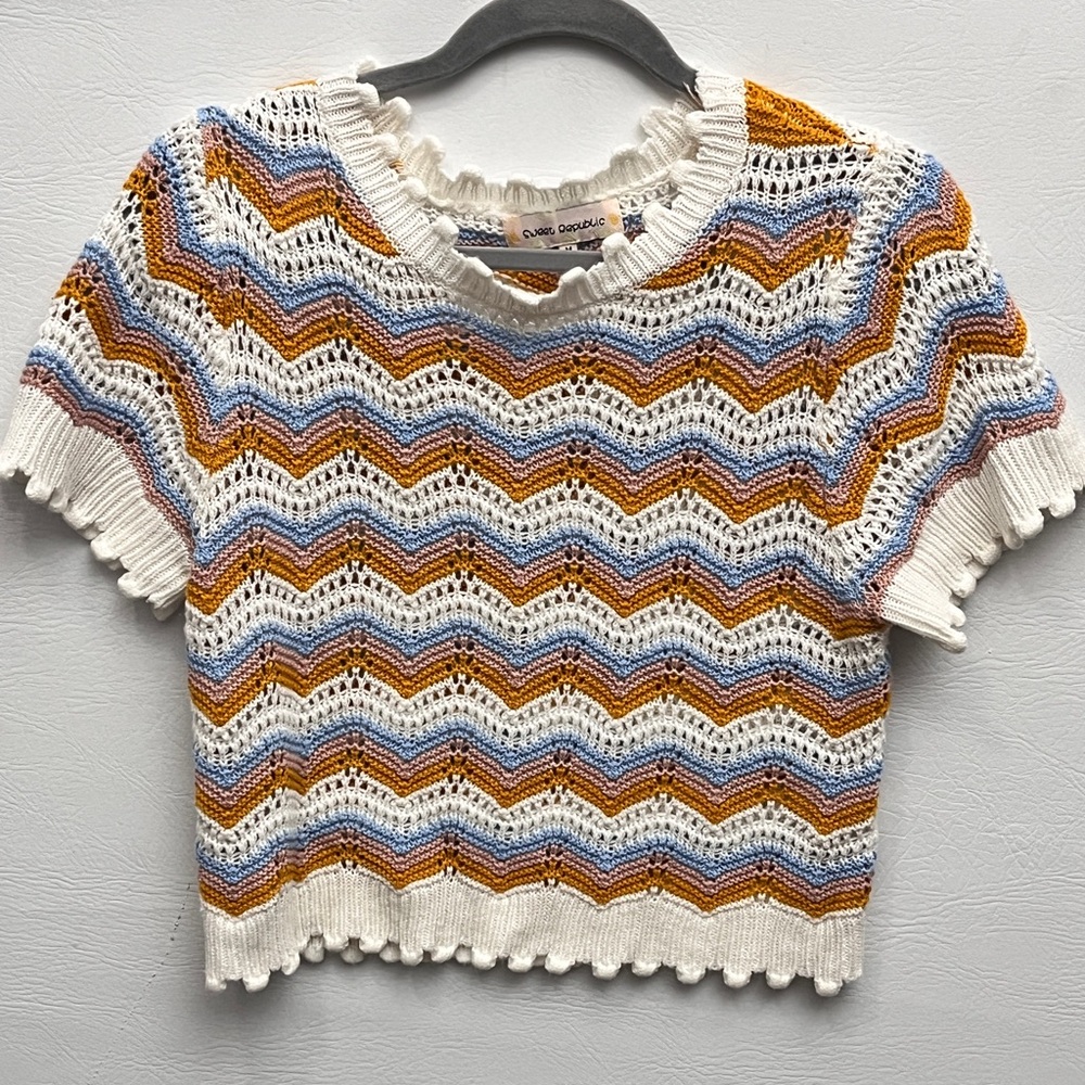 Sweet Republic crochet frill short sleeve knit top Medium blue white